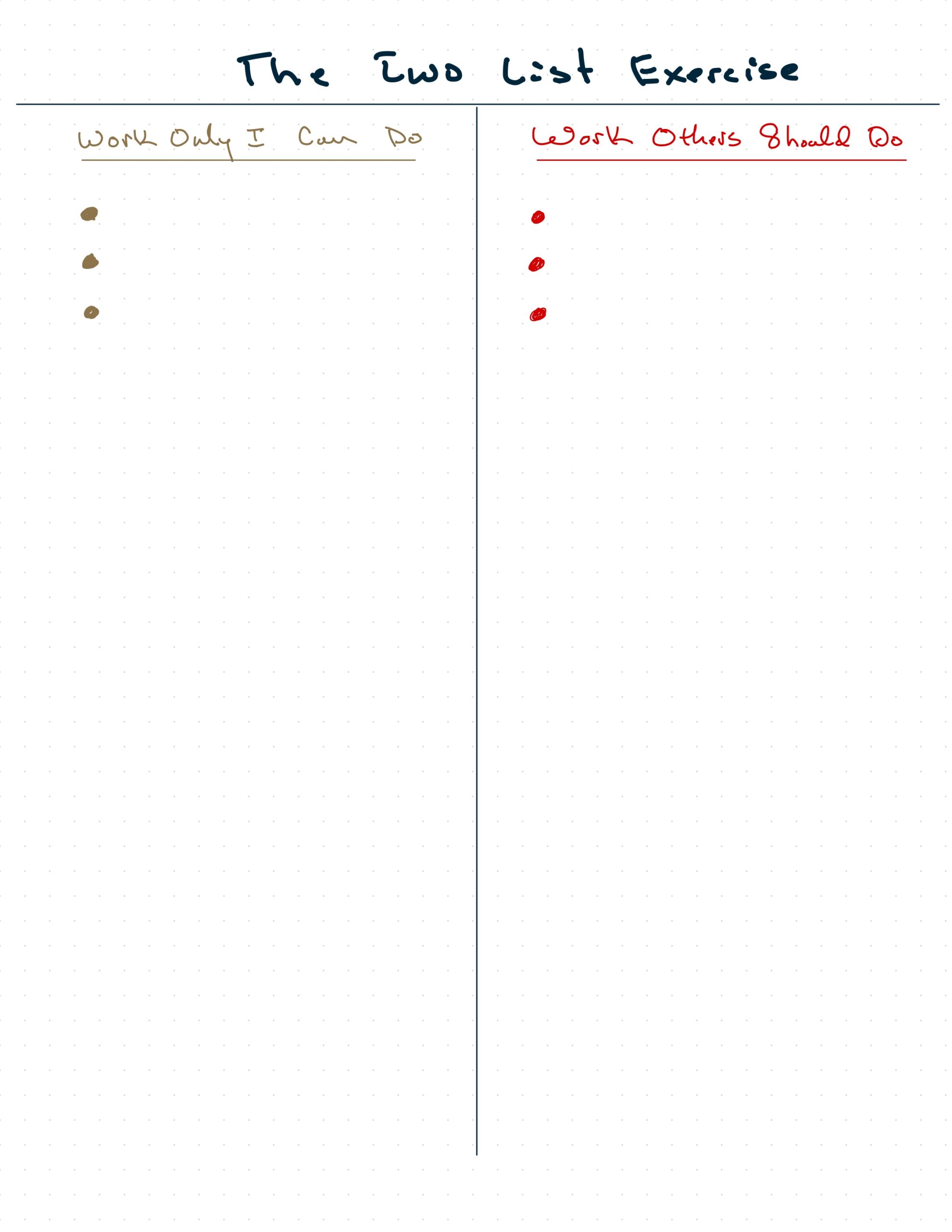 Two-column worksheet template for leadership delegation exercise dividing tasks into work only you can do versus work others should do 
